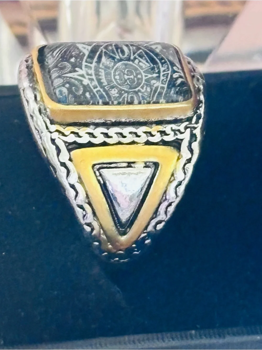 Two-Tone Aztec Motif Men's Signet Ring in Black and Gold Size 11.5